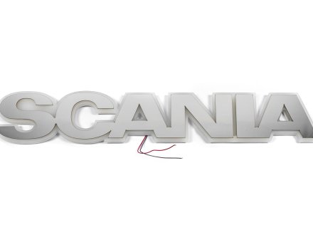 Надпис на решітку Scania нержавійка з оранжевою підсвіткою (82см.*14см.)