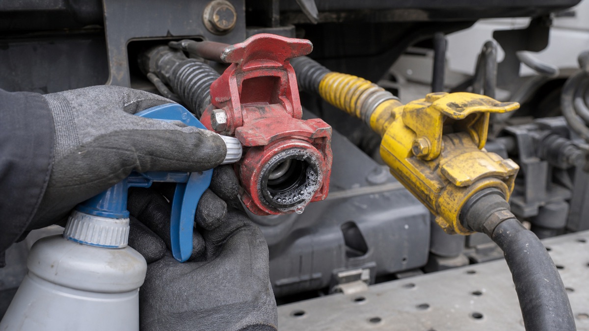 Майстер знаходить витік повітря мильним розчином біля ущільнення червоного пневмороз’єму