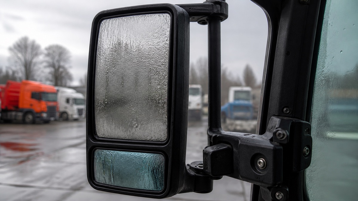 Запітніле бокове дзеркало вантажівки під час дощу