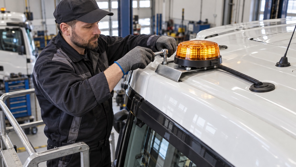 Майстер закріплює жовтий LED-маячок на кронштейні даху вантажівки
